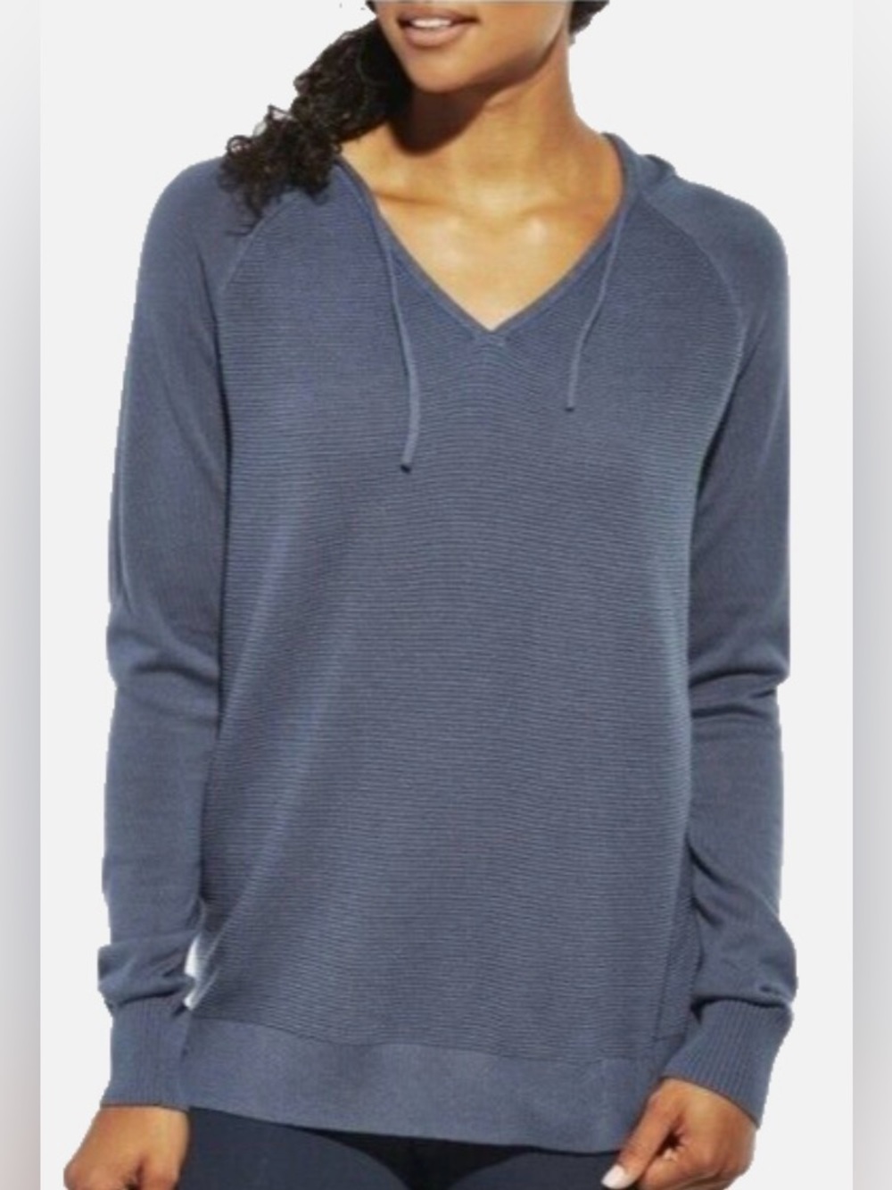 Calia by Carrie Underwood Slate Blue V-Neck Hooded Pullover Ribbed Sweater - M